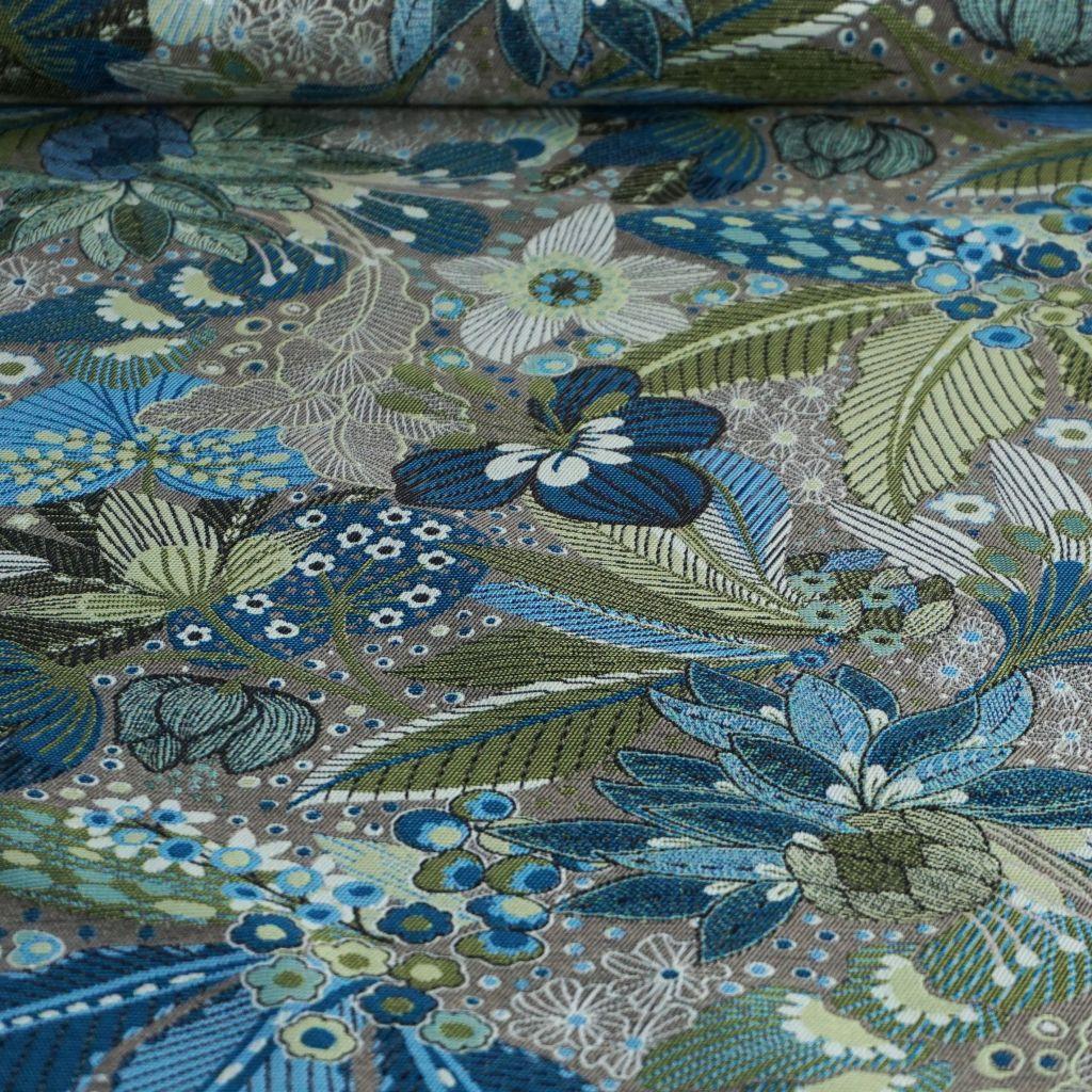 Dekostoff Jacquard Blüten türkis beige grün